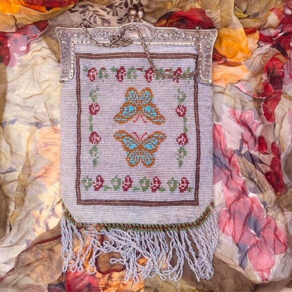 1920's silver plated beaded purse, butterfly beaded - Picture 2 of 6